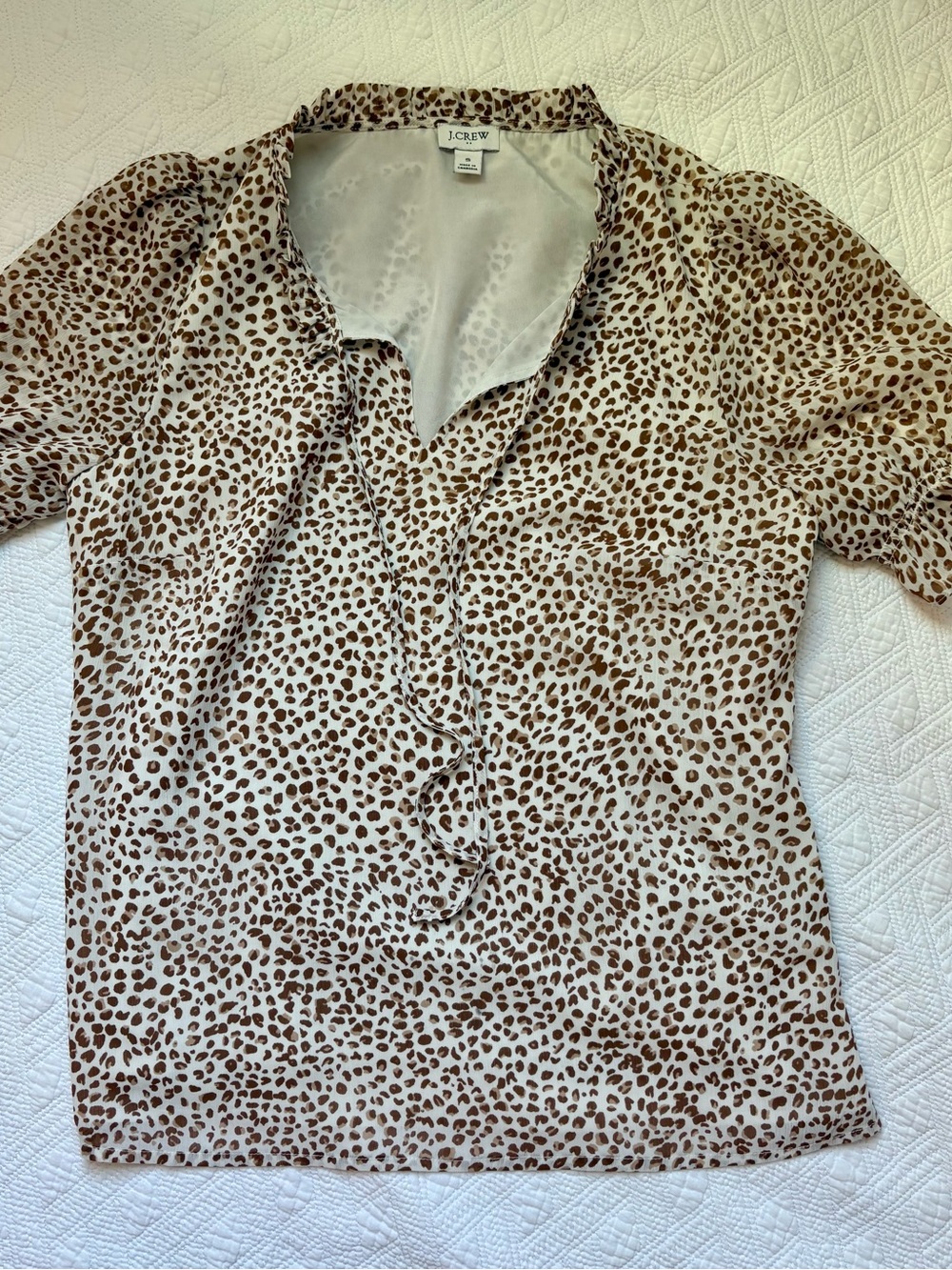 J. Crew Cream and Brown Leopard Print Ruffle V-Neck Blouse
